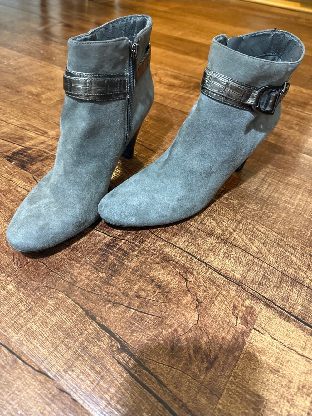 Bandolino Gray Suede Ankle Boots with Buckle Accent